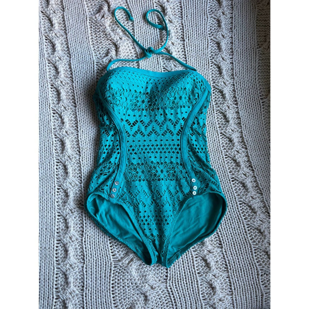 Robin Piconne Teal Crotchet Overlay One Piece Swimsuit - Picture 2 of 6